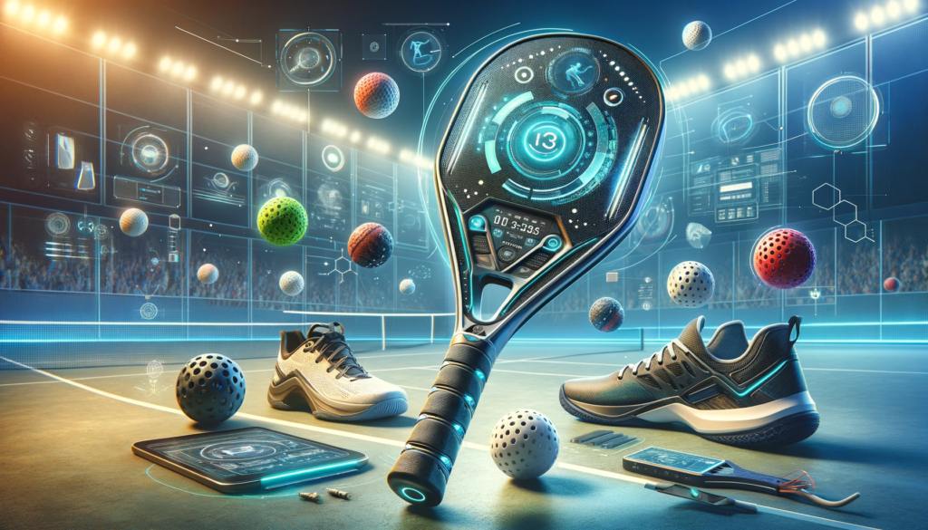 A clean and modern image showcasing technology revolutionizing pickleball equipment. In the foreground, depict a futuristic pickleball paddle w