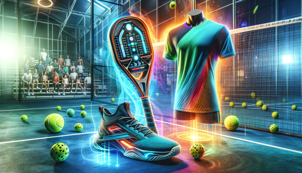 A vibrant and dynamic image showcasing innovative pickleball equipment and apparel. The scene includes a high-tech pickleball paddle with integrated s