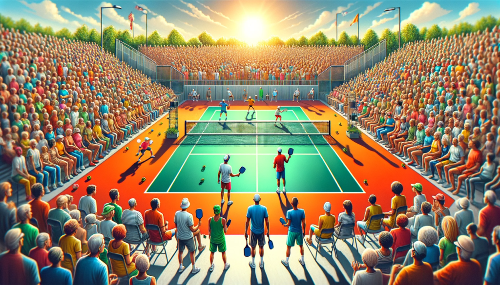 A vibrant image of a pickleball court featuring only four players, two on each side of the net, set against a backdrop of a large, enthusiastic audien