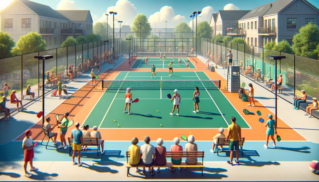 An image showing a pickleball court with a realistic and inviting atmosphere. The court should be depicted with a few players, ideally two or four, en