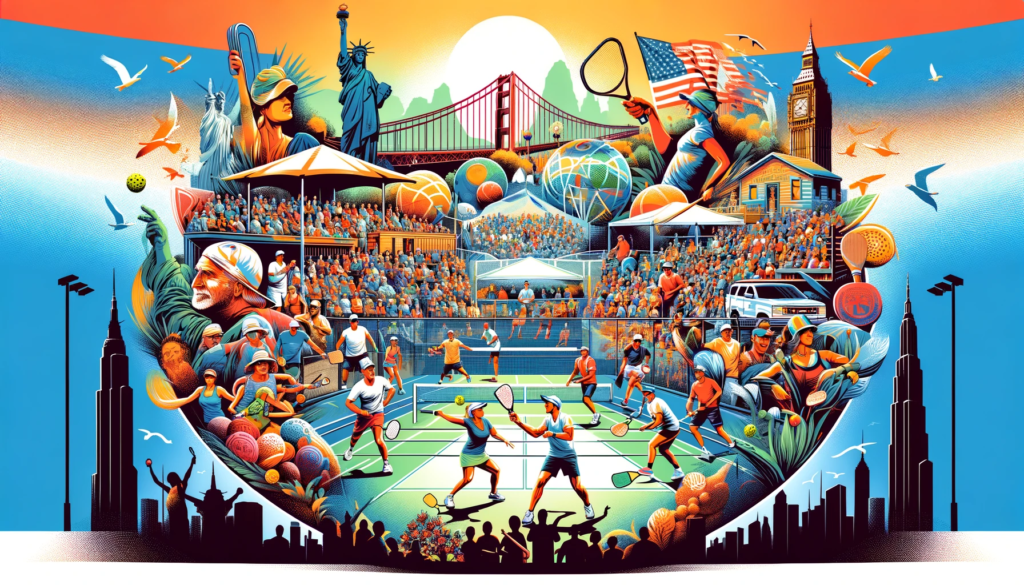 a vibrant and dynamic wide image showcasing a variety of pickleball tournaments across the USA. The scene should include diverse players in act